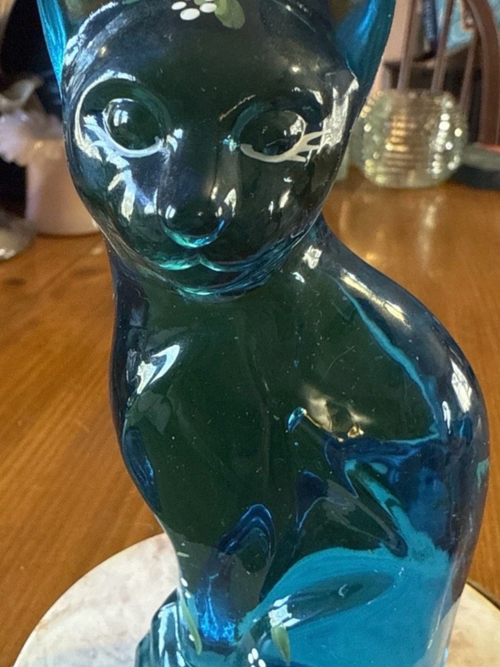 Translucent blue Fenton Setting Cat Hand painted/Signed